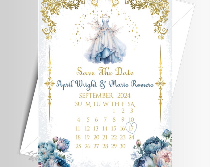 Cinderella Wedding Dress Save The Date Invite | Wedding Invitation | Calligraphy Wedding Invitation | Lovebirdslane #I-0704-10