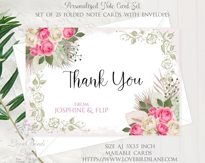 Pink Botanical Vintage Wedding Thank You Cards | Personalized Thank You Card | Personalized Note Cards | lovebirdslane #C22623-5