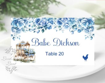 Printed Place Cards | Cinderella Blue Floral | Flat or Folded Place Cards with optional meal icons PC614