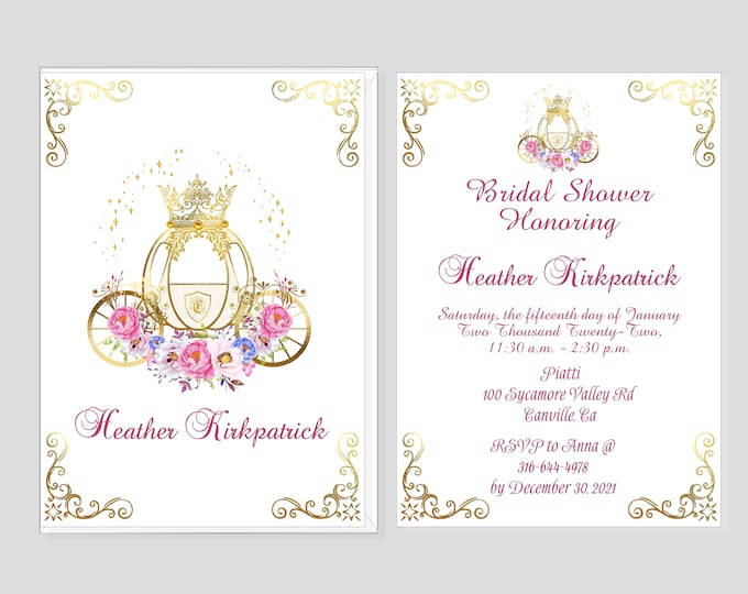 Enchanted Blush Cinderella Carriage Bridal Shower Invitation | Calligraphy Wedding Invitation I1016P