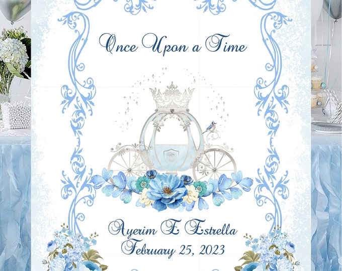 Digital Personalized Wedding Welcome Sign Blue Fairytale Cinderella Carriage Quince Birthday Welcome Sign lovebirdslane #WS217-1D