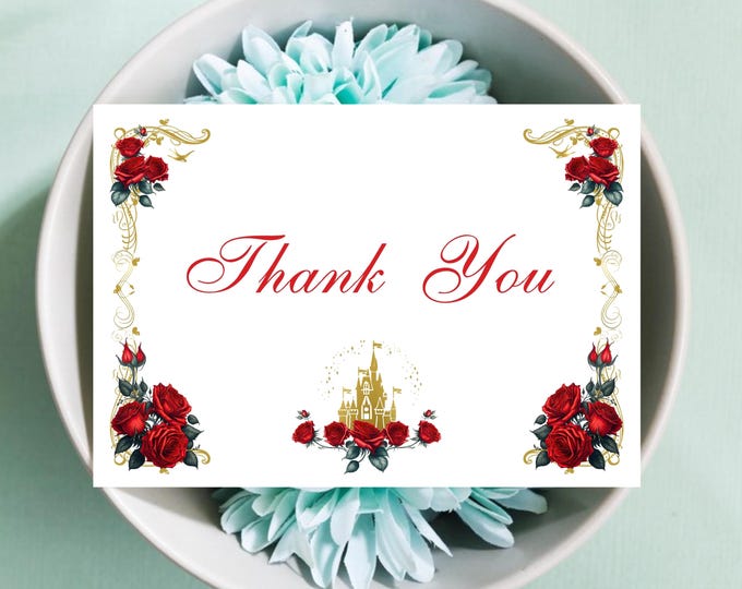 Printed Red Rose Golden Castle Thank You Cards | Thank You Cards Wedding | Enchanted Rose Thank You Note Cards | #C00513
