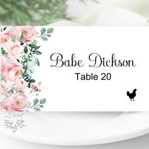 Tarjetas de lugar planas o plegadas con diseño floral de peonía rosa ruborizado para bodas con íconos de comida opcionales PC619-11