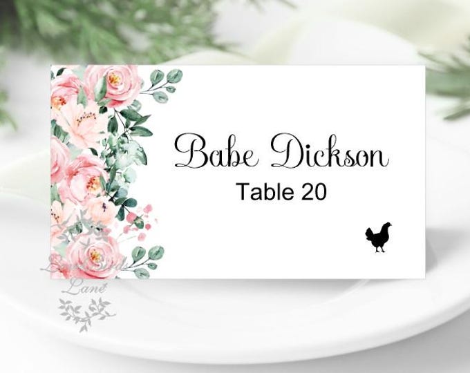 Printed Place cards | Wedding Blush Pink Peony Floral | Flat or Folded Place Cards with optional meal icons PC619-11