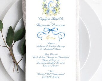 Wedding Menu | Watercolor| Personalized Blue & Yellow Vintage Floral Seating Place Menu | Table Menu Wedding Menu | Guest Menu #220705-2