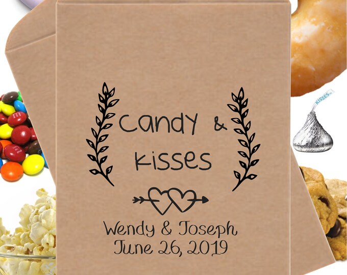 Wedding Favor Bags | Rustic Laurel Buffet Candy Bags | Candy & Kisses Bridal Shower Cookie Bags | Candy Buffet Printed Paper Bags | 24 Pack