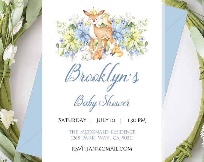 Blue Baby Forest Animals Invitation Party Invite For Baby Showers and Birthdays #I223P-2