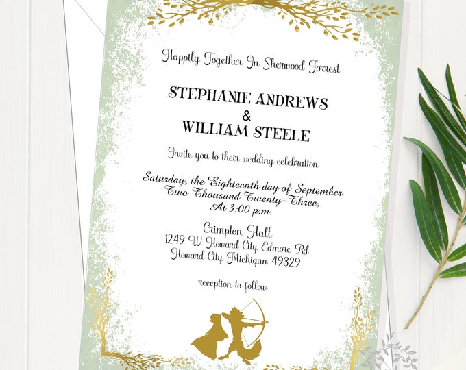 Personalized Robin Hood Enchanted Fairy Tale  Wedding Invitation | Princess Wedding Invitation | Calligraphy Wedding Invitation #I220614