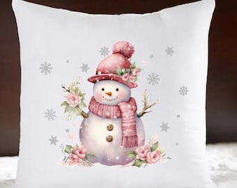 Pink Floral Snowman Satin Pillow Cover Christmas Decor