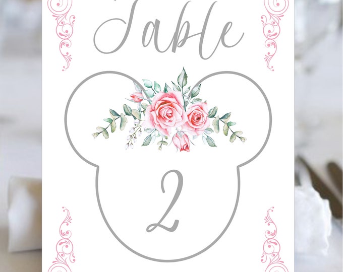 Blush Floral Mickey Ears Wedding Table Number | Printable Table Number Cards | Instant Download lovebirdslane #317-5