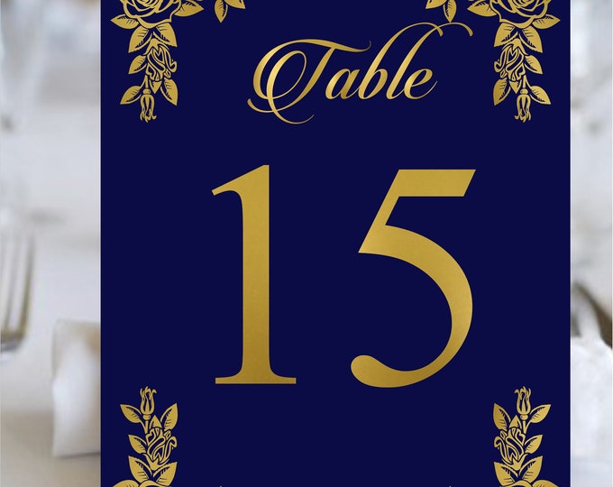 Digital Navy Gold Rose Wedding table number | Table Decor Princess Wedding | Printable Table Number Cards | wedding stationery lovebirdslane