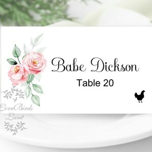 Cartões de lugar estampados com estampa floral rosa blush para casamento | Cartões de lugar planos ou dobrados com ícones de refeição opcionais PC619-12