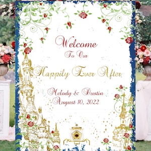 Cartello digitale personalizzato "Be Our Guest" a tema La Bella e la Bestia, ideale per le nozze, ispirato alla carrozza di Lovebirdslane.