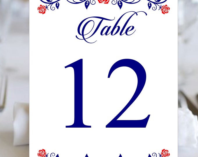 Table Numbers Burgundy Rose Wedding | Table Seating Cards | Item TN-619-9 | lovebirdslane