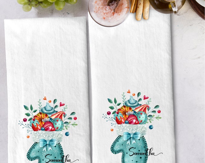 Personalized Christmas Mitten Tea Towel Gift Set | Personalized Kitchen Hand Towel #TT-24 | 100% Cotton Personalized Flour Sack Towels
