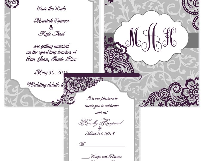 Printable French Lace Wedding Invitation Suite Printable Calligraphy Wedding Invitation