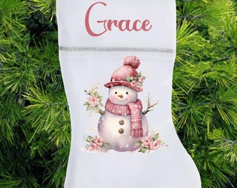 Personalized Pink Floral Snowman Christmas Stocking White Felt Holiday Stocking Custom Name Stocking  Winter Cottage Christmas Decor