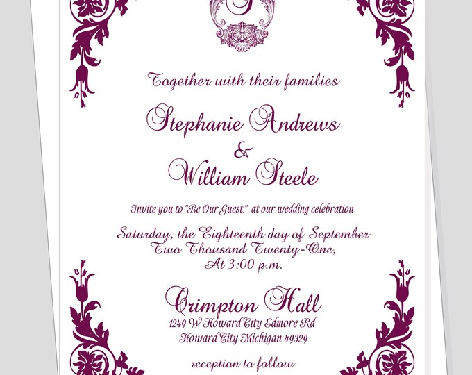 Burgundy Wine Filigree Monogram Modern Bride Wedding Invitation | Calligraphy Wedding Invitation #WI0518-7P
