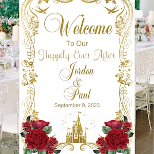 Cartello di benvenuto digitale personalizzato per matrimoni a tema Cenerentola, in rosso e oro, lovebirdslane