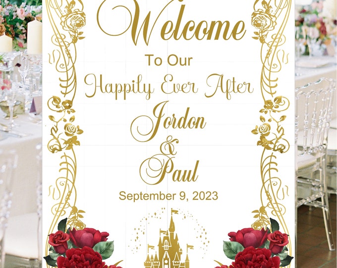 Digital Personalized Fairy Tale Cinderella Castle Wedding Welcome Sign In Red and Gold lovebirdslane