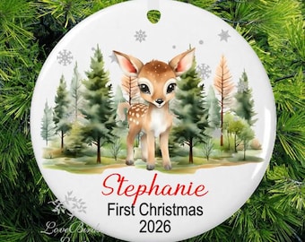 Personalized Baby's First Christmas Ornament | Forest Baby Deer Ornament Handmade USA by lovebirdslane