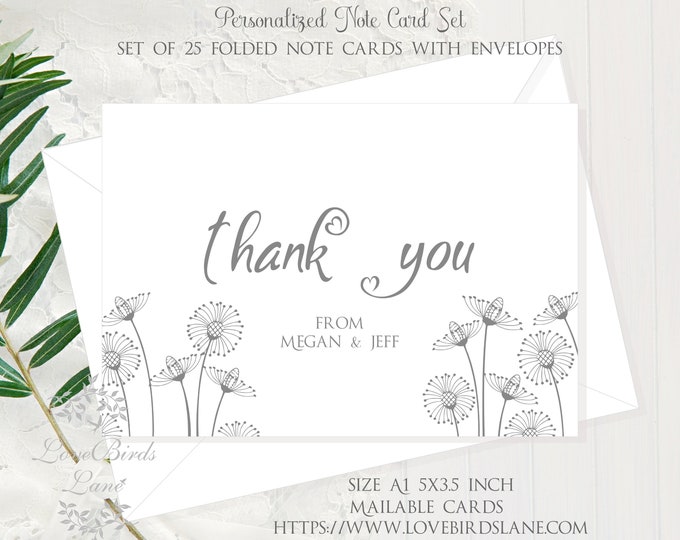 Personalized Botanical Dandelion Wedding Monogram Thank You Note Cards | lovebirdslane #C22627-2