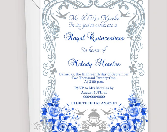 Cinderella Carriage Quinceanera or Sweet 16 Invitation | Modern Teen Invitation | Calligraphy Baby Invitation #I061P7