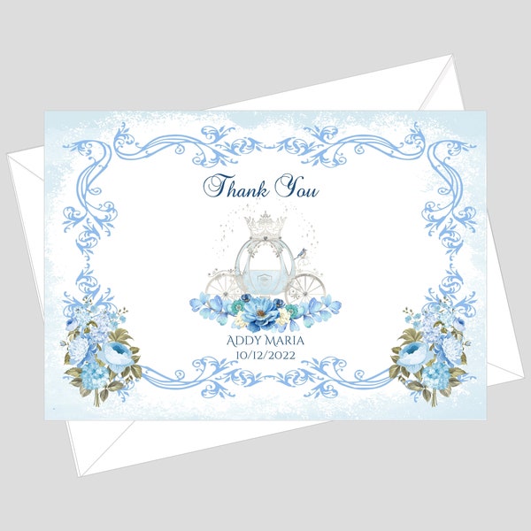 Printed Cinderella Blue Carriage Thank You Cards | Personalized Thank You Cards Wedding | Enchanted Carriage Thank You Note Cards | #C0606