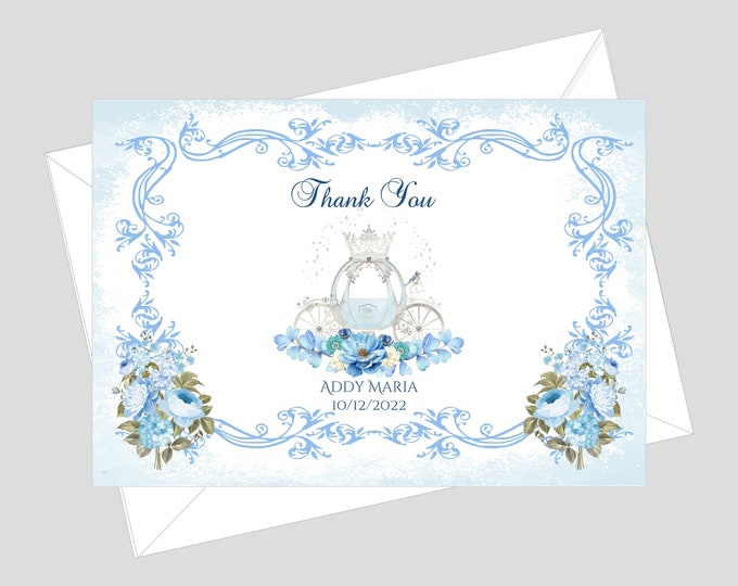 Printed Cinderella Blue Carriage Thank You Cards | Personalized Thank You Cards Wedding | Enchanted Carriage Thank You Note Cards | #C0606