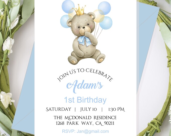 Teddy Bear Birthday Invitation Blue Party Invite Star Sprinkles #I223P-7