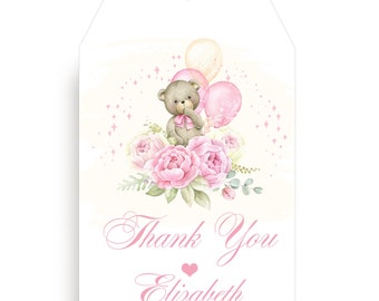 Printed Personalized Gift Tags | Pretty In Pink Teddy Bear Gift Tags | Favor Gift Tags | Baby Shower Gift Tags | Birthday Gift Tags