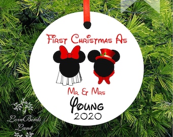 First Christmas Married Mickey & Minnie First Christmas as Mr. and Mrs- Married Personalized Wedding Gift Fused Opaque White Glass
