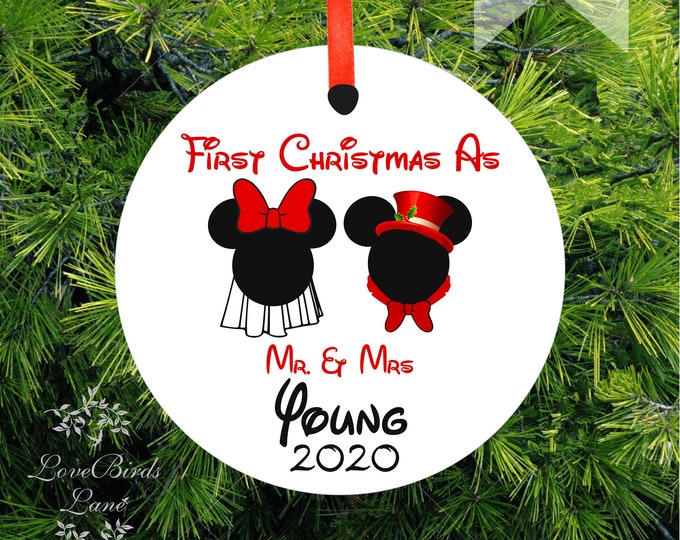 First Christmas Married Mickey & Minnie First Christmas as Mr. and Mrs- Married Personalized Wedding Gift Fused Opaque White Glass