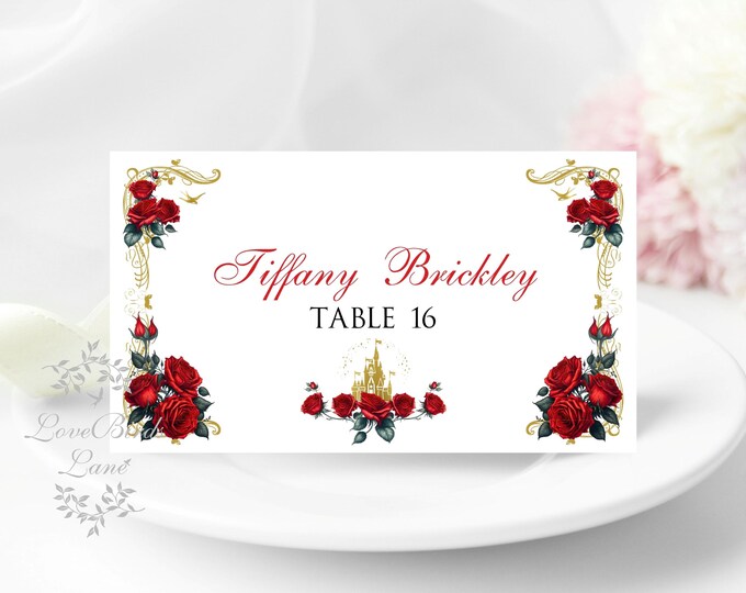 Enchanted Red Rose Place Cards Wedding Seating Plan #PC0513