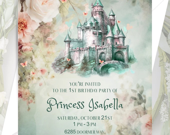 Princess Castle Baby's Frist Birthday Invitation | Modern Baby Invitation | Calligraphy Baby Invitation #I1017