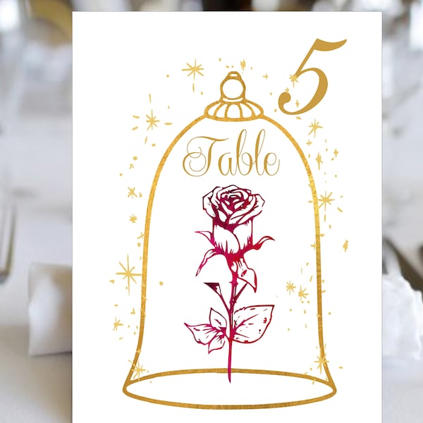 Red Enchanted Rose Beauty And The Beast Wedding Table Numbers | Table Seating Cards | Item TN-476 | lovebirdslane