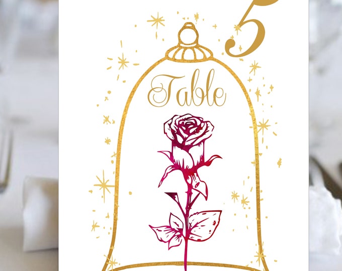 Red Enchanted Rose Beauty And The Beast Wedding Table Numbers | Table Seating Cards | Item TN-476 | lovebirdslane