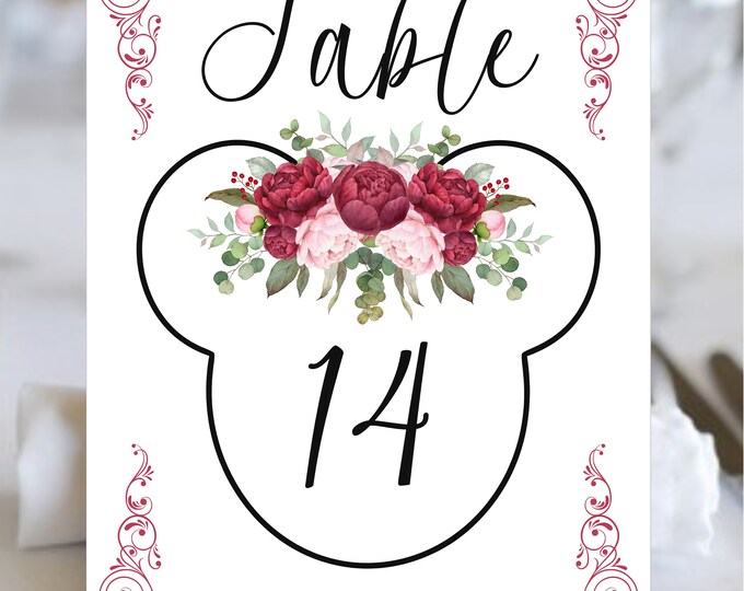 Burgundy Blush Navy Floral Mickey Ears Wedding Table Number | Printable Table Number Cards | Instant Download lovebirdslane #317-0