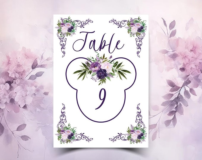 Purple Floral Mouse Ears Table Numbers for Weddings Birthday Parties or Baby Shower – Customizable Decor