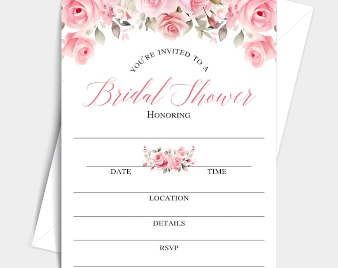 Floral Bliss Collection Bridal Shower Invitations With Envelopes, Peach Navy Floral fillin Single-Sided Cards (25 Invitations and Envelopes)