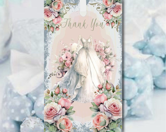 Vintage Wedding Dress Blush Rose Gift Tags |  Blue Bridesmaid Cards | Blush Rose Thank You Cards | Personalized Thank You Card | #T0804-1