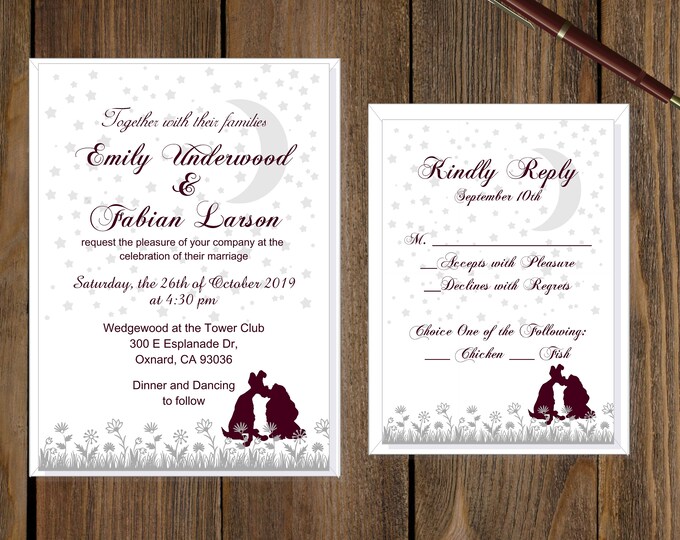 Lady And The Tramp Wedding Invitation and Reply Card | Princess Wedding Invitation | Calligraphy Wedding Invitation #WI-0810-1