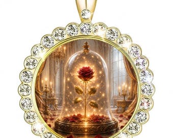 Beauty and The Beast Enchanted Rose Crystal Necklace Gold For Women #N0512