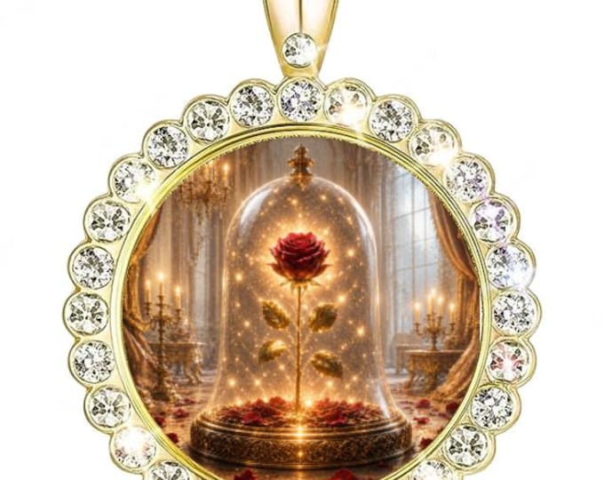 Beauty and The Beast Enchanted Rose Crystal Necklace Gold For Women #N0512