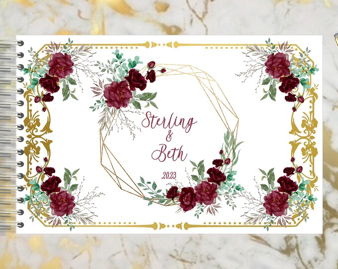 Handmade Burgundy Blush Rose Gold Wreath 3 Autograph Guestbook | Memory Journal or Wedding Guest Book | #B-1226-2 lovebirdslane