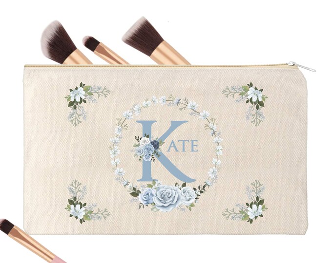 Pretty In Blue Personalized Name Makeup Bag Wedding Favor Bridesmaid Gift #MB-1010-2