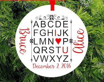 ABC I Love You Christmas Ornament, Engagement Ornament, Personalized Christmas Ornament, Custom Engagement Gift, Love Birds Lane