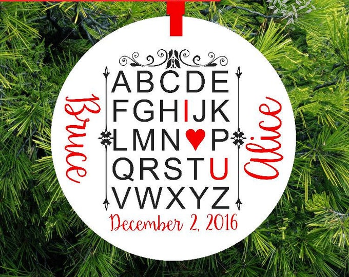 ABC I Love You Christmas Ornament, Engagement Ornament, Personalized Christmas Ornament, Custom Engagement Gift, Love Birds Lane
