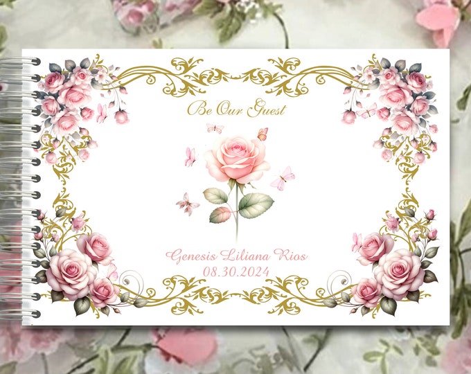 Personalized Butterfly Rose Blush Wedding Guest Book Princess Carriage Photograph Guest Book | Memory Journal or Quince Guestbook #GB-0528