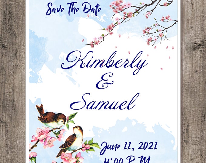 Vintage Blue Bird Blush Wedding Invitation Save The Date Calligraphy Wedding Invite Card #I-326P-6